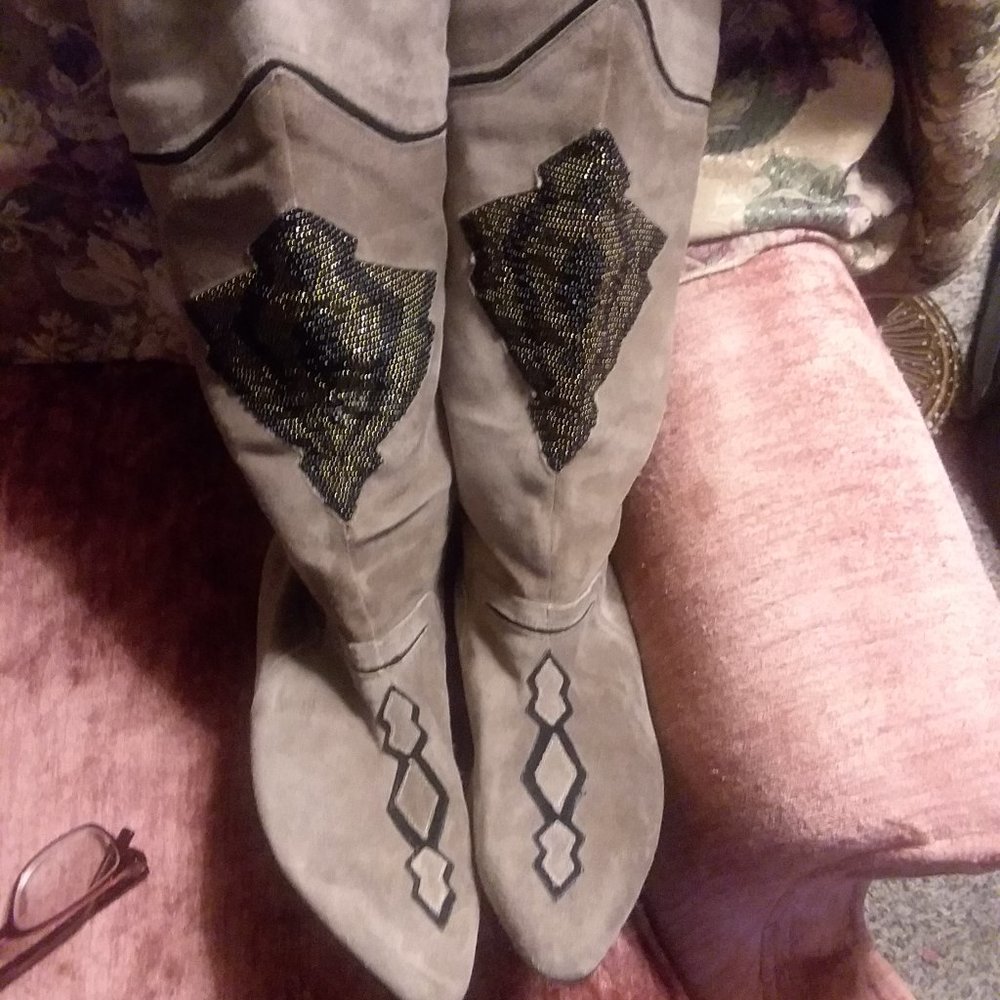 Taupe suede boots with beading embellishments